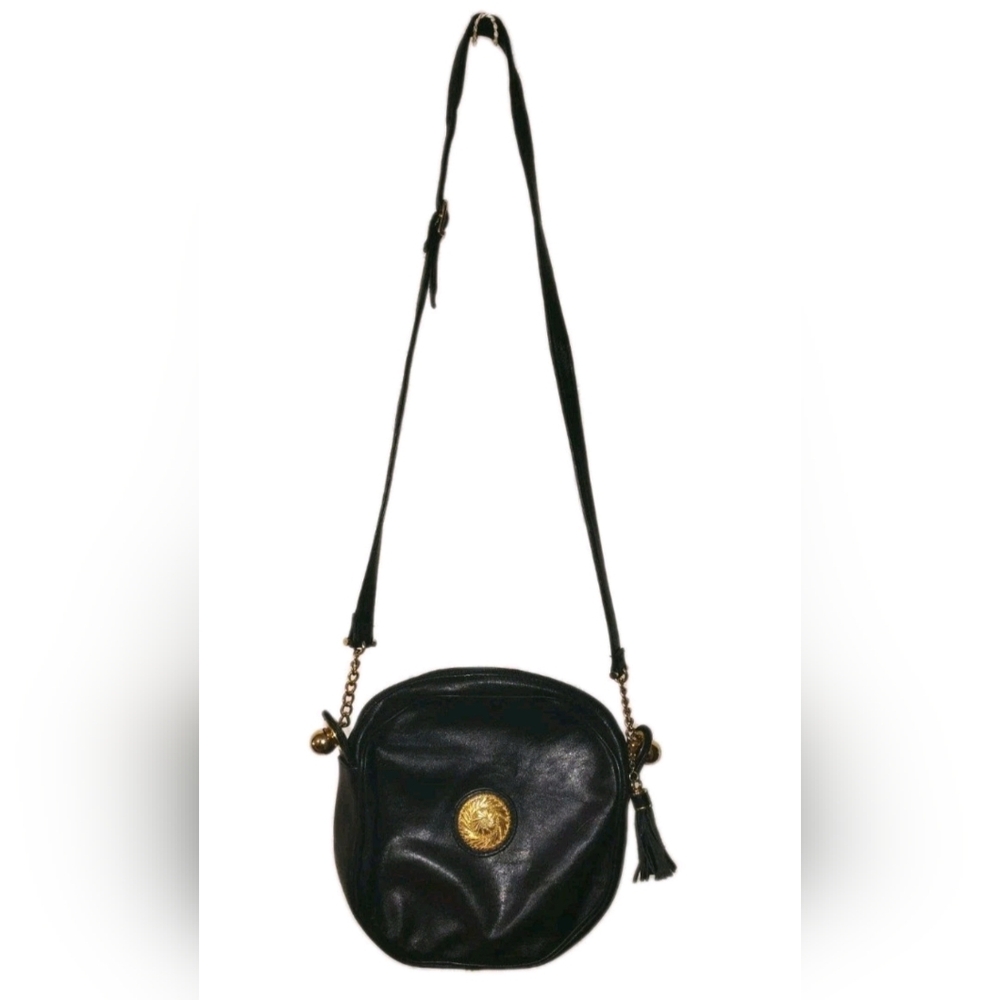 Vintage Leather Women's Crossbody Bag Saddle Black by Pantera New York 1980s 90s